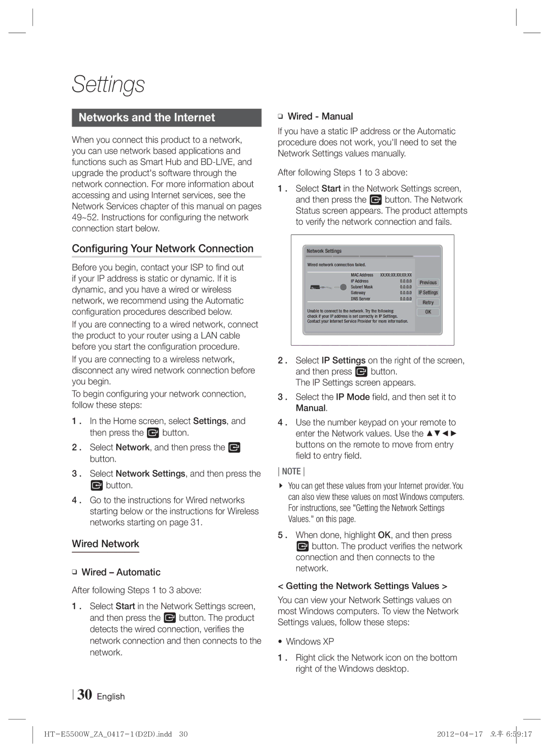 Samsung HT-E550 user manual Networks and the Internet, Configuring Your Network Connection, Wired Network, Wired Manual 