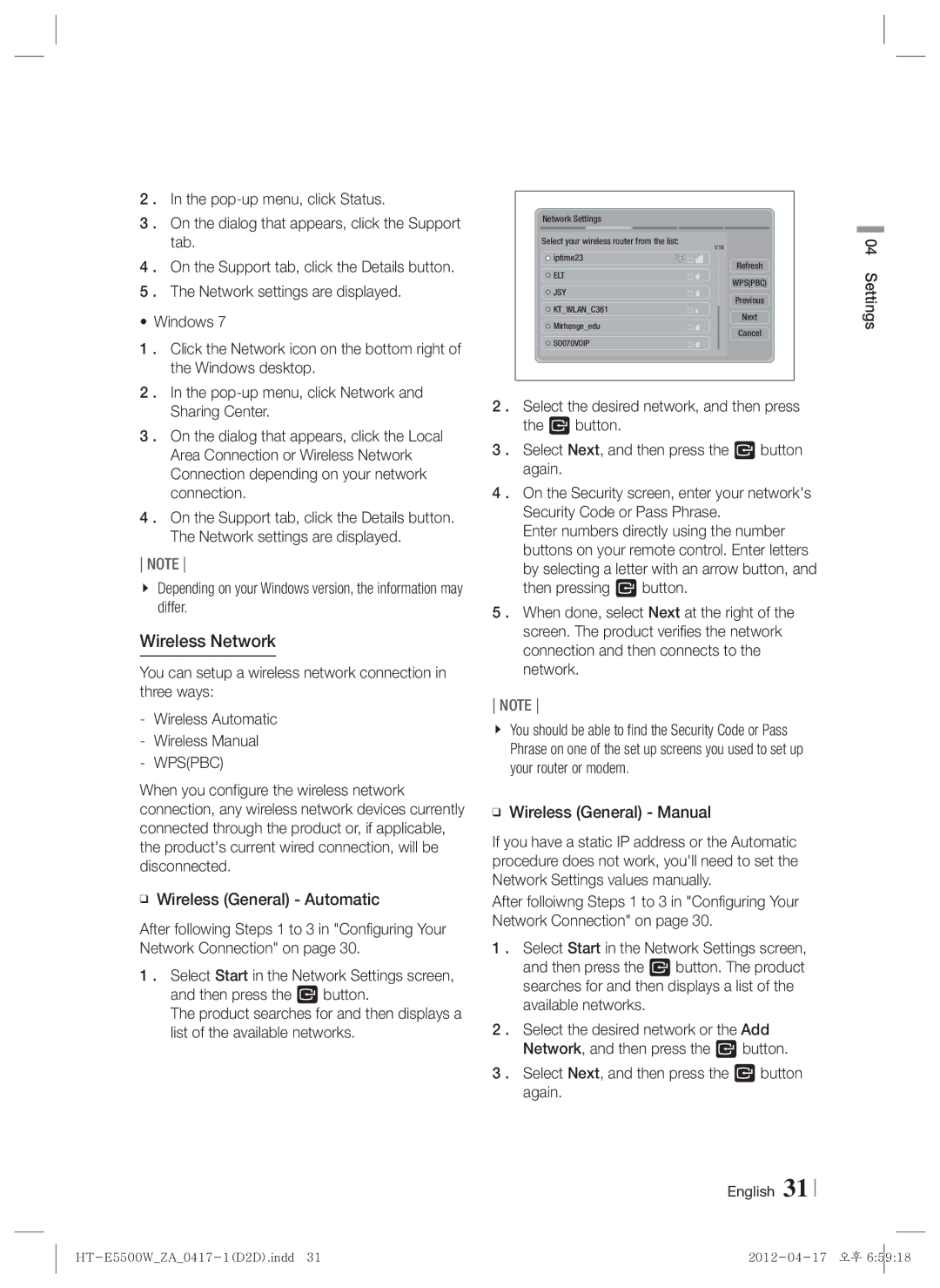 Samsung HT-E550 user manual Wireless Network, Wpspbc, Wireless General Manual 