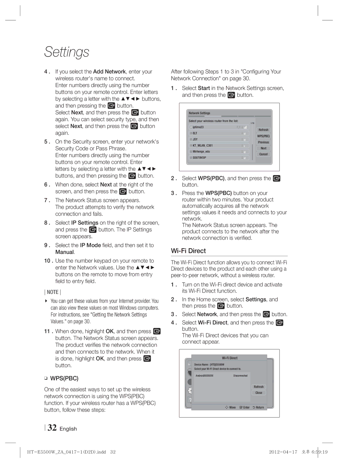 Samsung HT-E550 user manual Button Wi-Fi Direct devices that you can connect appear 