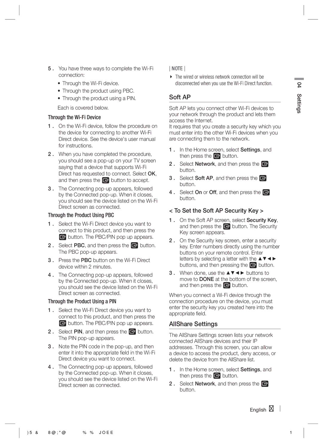 Samsung HT-E550 user manual AllShare Settings, To Set the Soft AP Security Key 