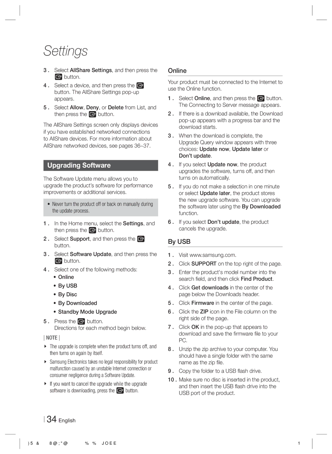 Samsung HT-E550 user manual Upgrading Software, Online, By USB, Click Support on the top right 