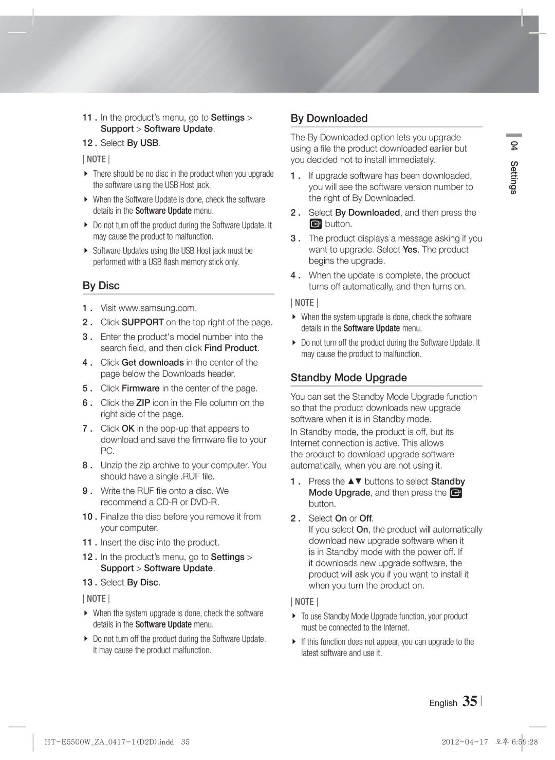 Samsung HT-E550 user manual By Disc, By Downloaded, Standby Mode Upgrade 