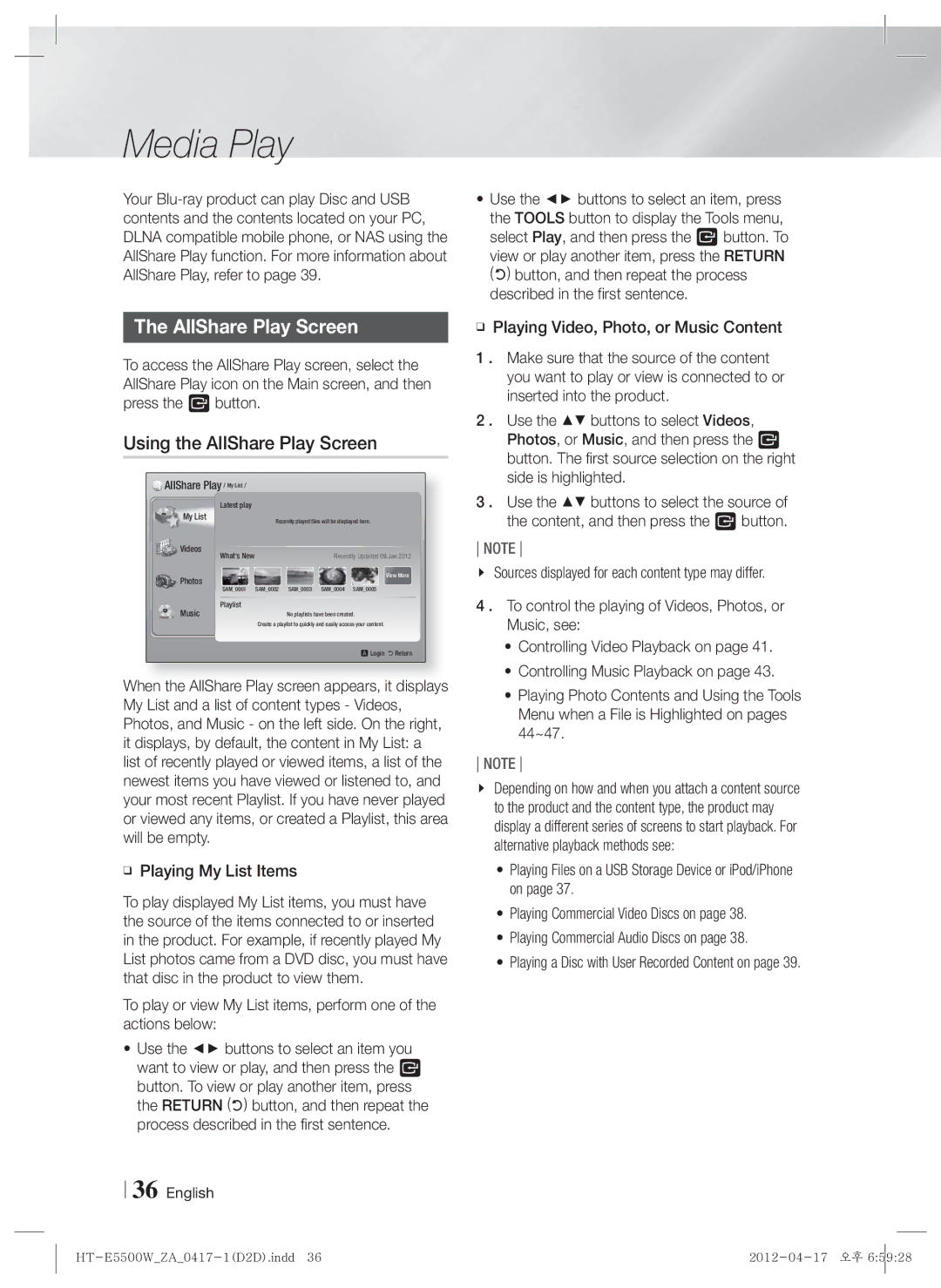 Samsung HT-E550 user manual Media Play, Using the AllShare Play Screen, Playing My List Items 