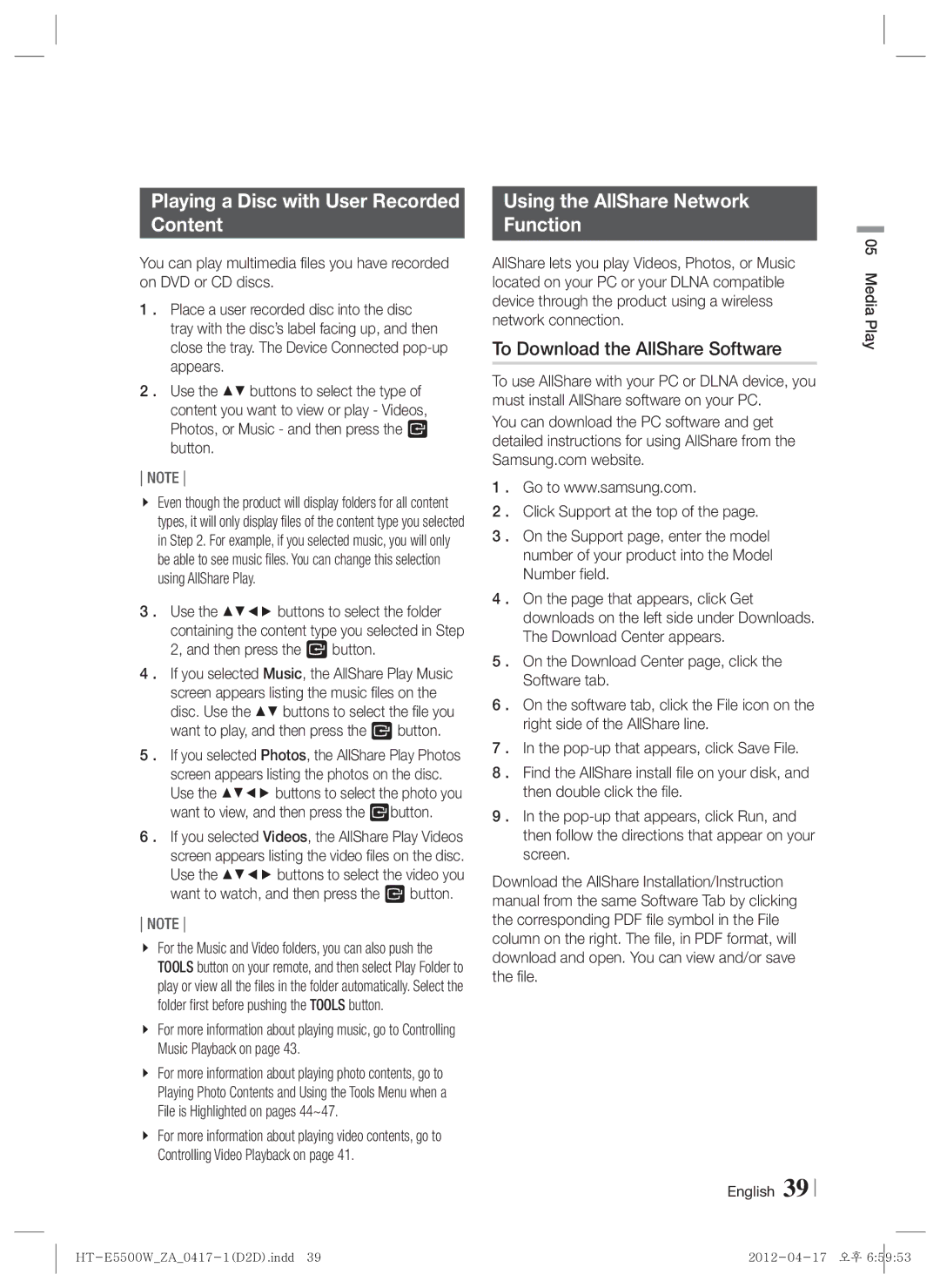 Samsung HT-E550 user manual Playing a Disc with User Recorded Content, Using the AllShare Network Function 