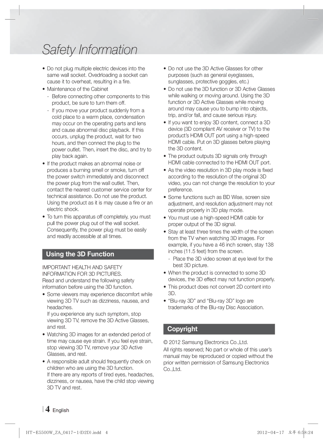 Samsung HT-E550 user manual Using the 3D Function, Copyright, This product does not convert 2D content into 3D 