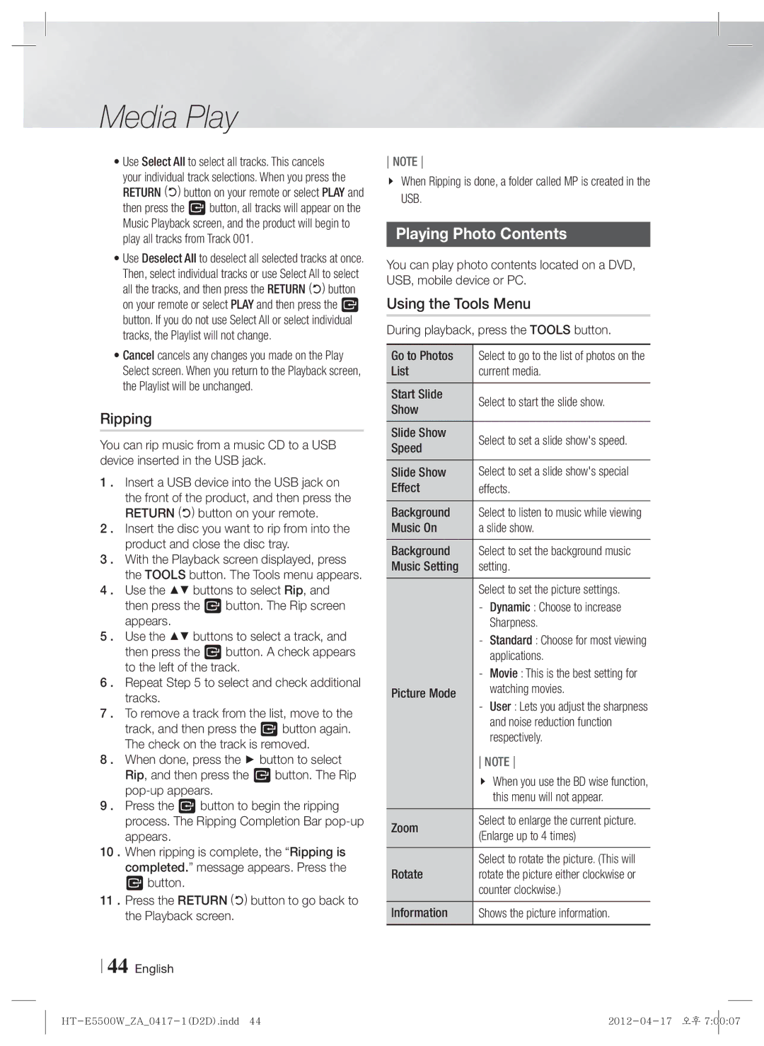 Samsung HT-E550 user manual Playing Photo Contents 