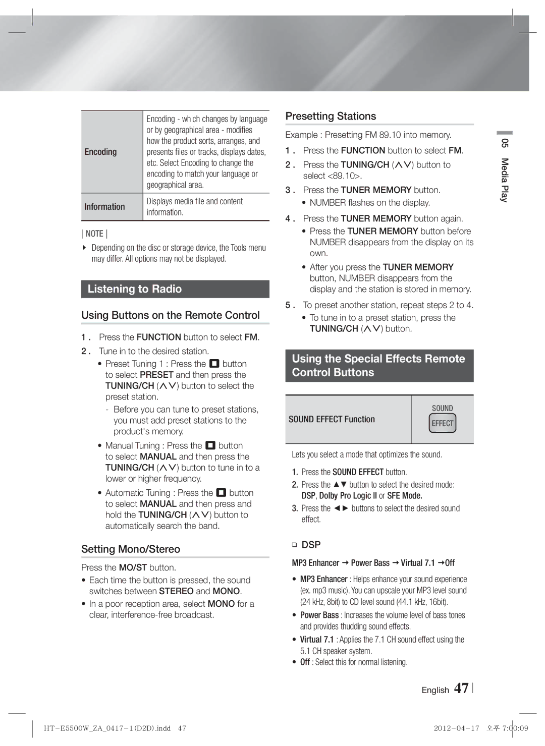 Samsung HT-E550 Listening to Radio, Using Buttons on the Remote Control, Setting Mono/Stereo, Presetting Stations 