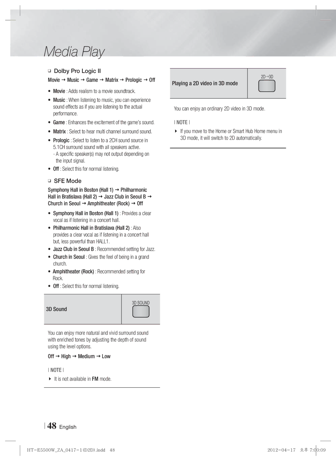 Samsung HT-E550 user manual Dolby Pro Logic, Movie Adds realism to a movie soundtrack 