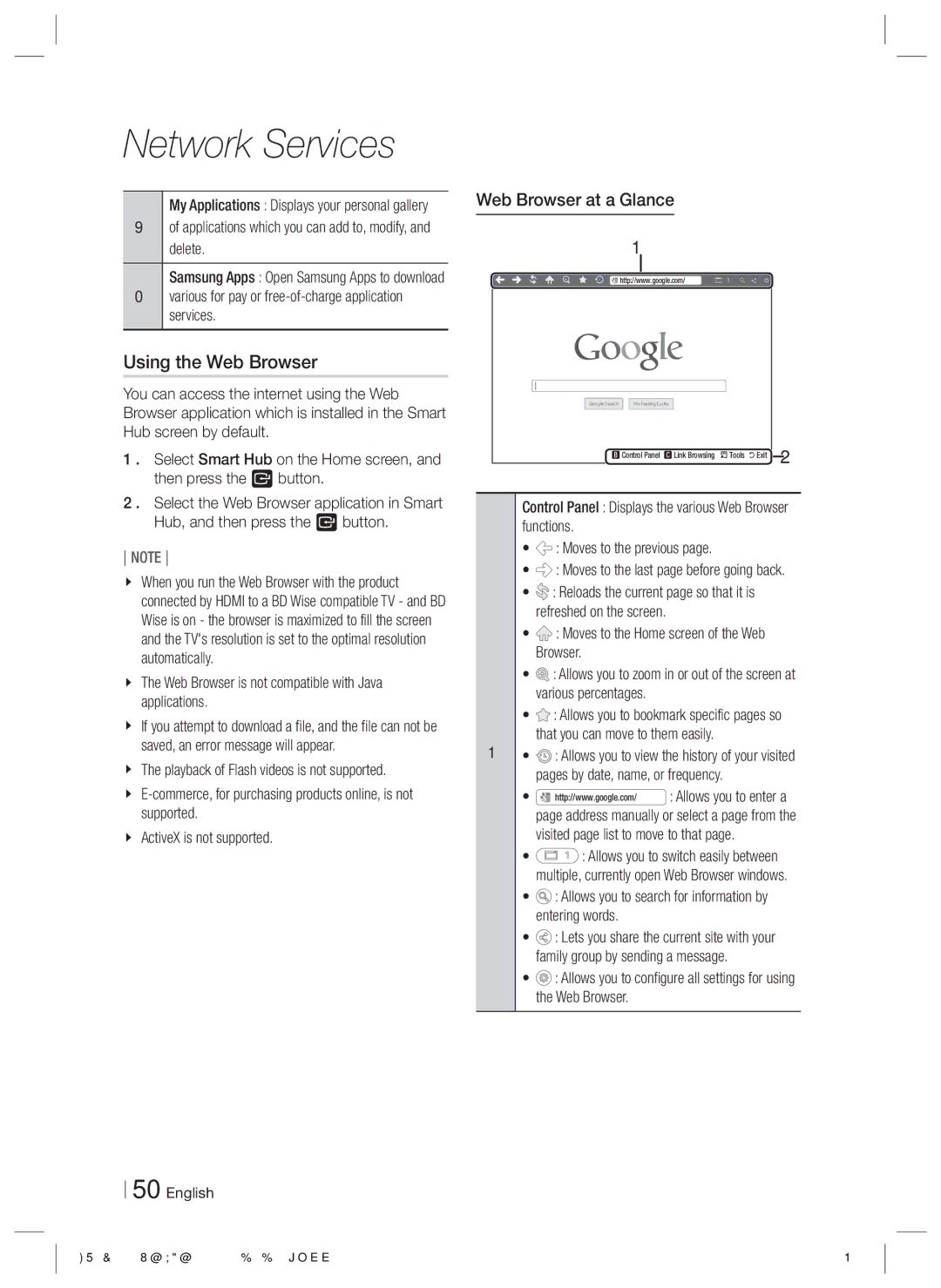 Samsung HT-E550 user manual Using the Web Browser, Web Browser at a Glance 