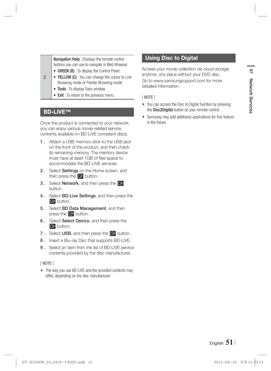 Samsung HT-E550 user manual Using Disc to Digital, Green B To display the Control Panel 