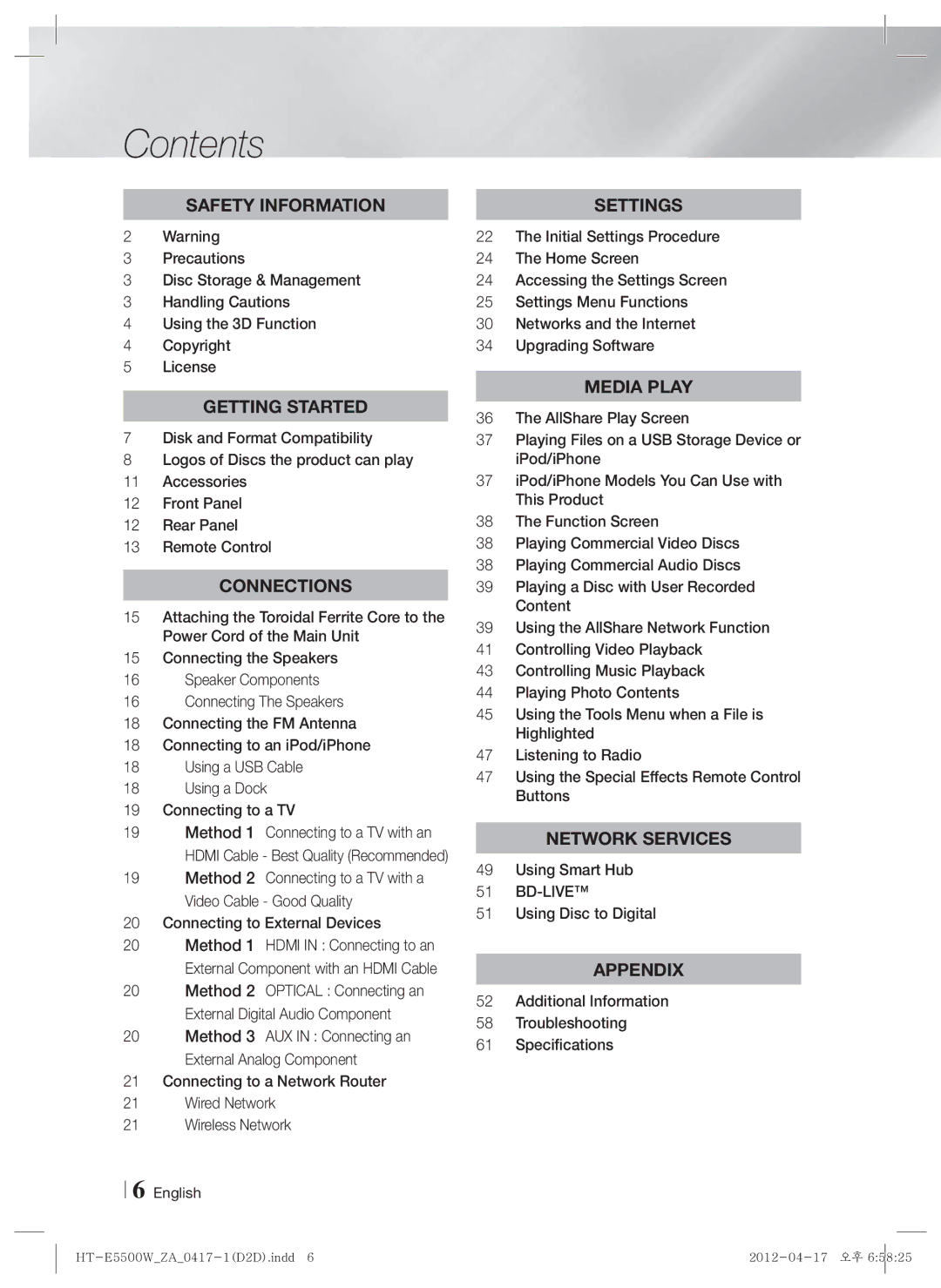 Samsung HT-E550 user manual Contents 