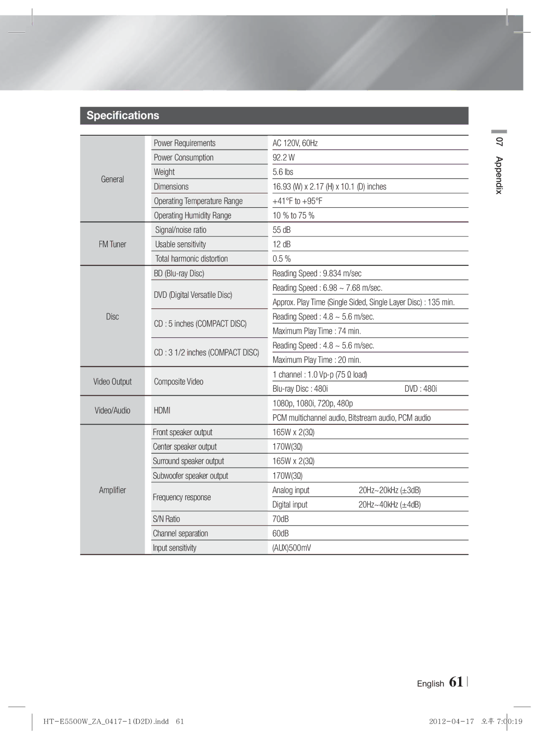 Samsung HT-E550 user manual Specifications 