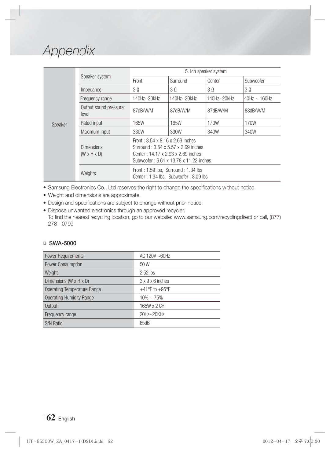 Samsung HT-E550 user manual Output sound pressure 