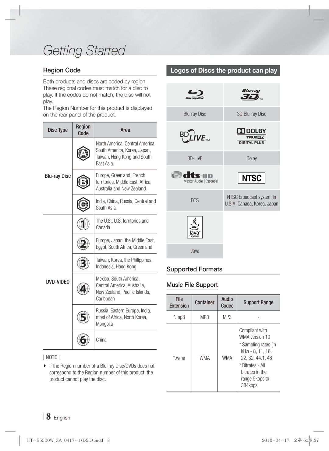 Samsung HT-E550 user manual Region Code, Logos of Discs the product can play, Supported Formats, Music File Support, Dts 