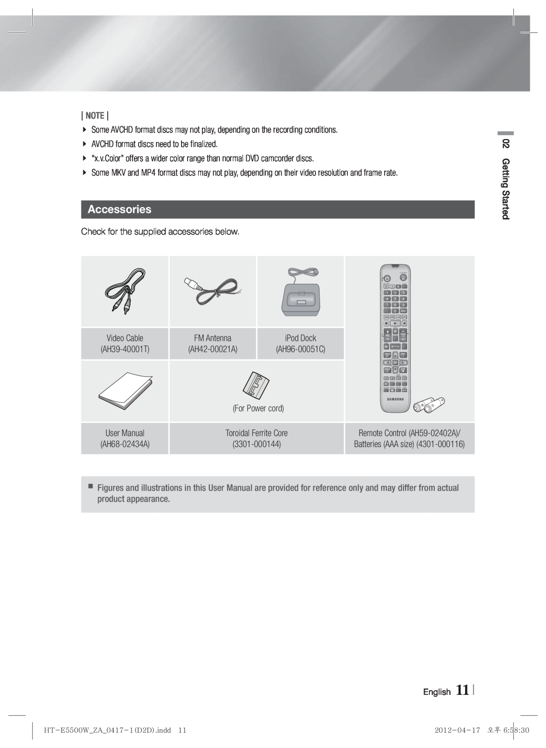 Samsung HT-E550 user manual Accessories, Note 
