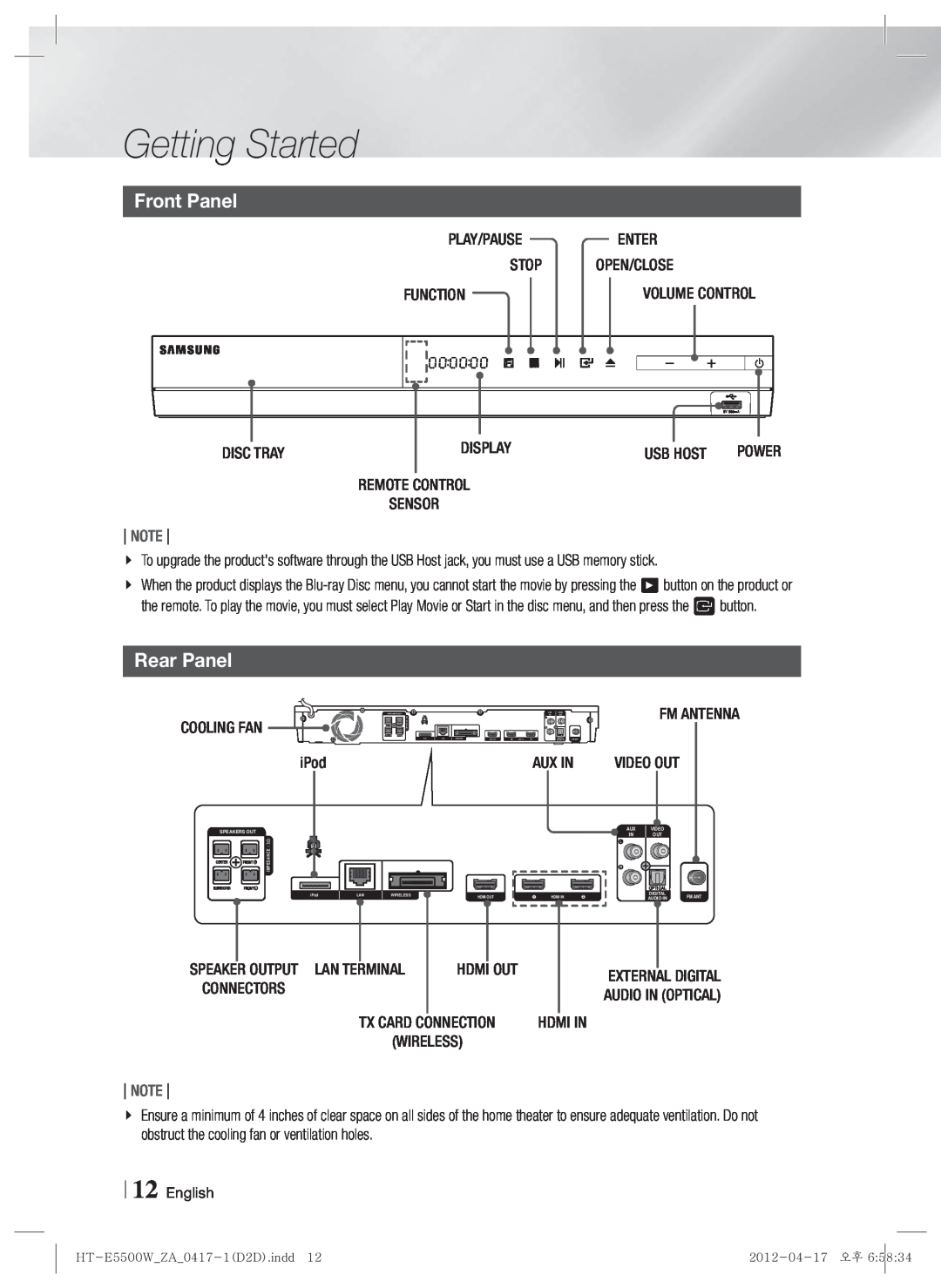 Samsung HT-E550 user manual Front Panel, Rear Panel, Getting Started, Note, iPod, Aux In 