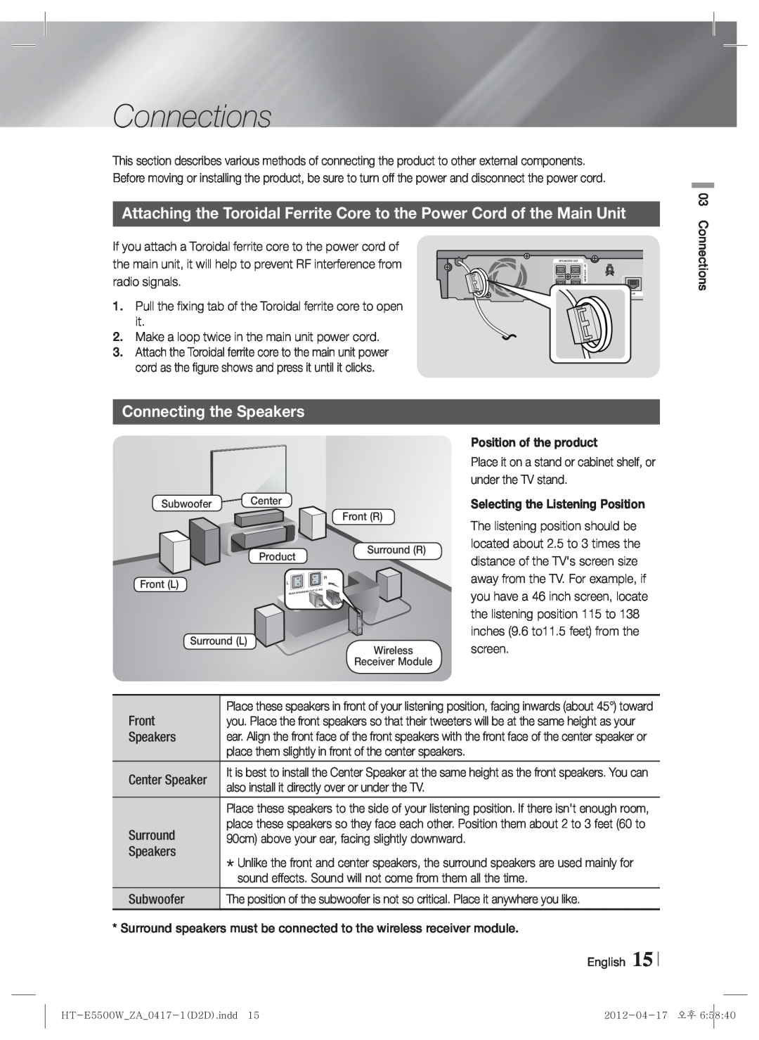 Samsung HT-E550 user manual Connections, Connecting the Speakers, Position of the product 