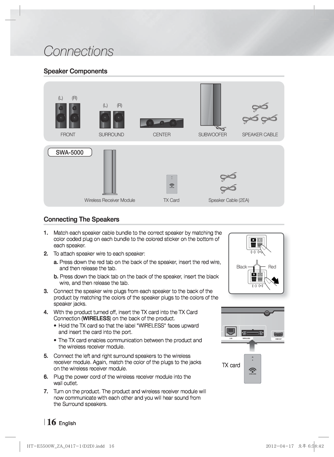 Samsung HT-E550 user manual Connections, Speaker Components, Connecting The Speakers, SWA-5000 