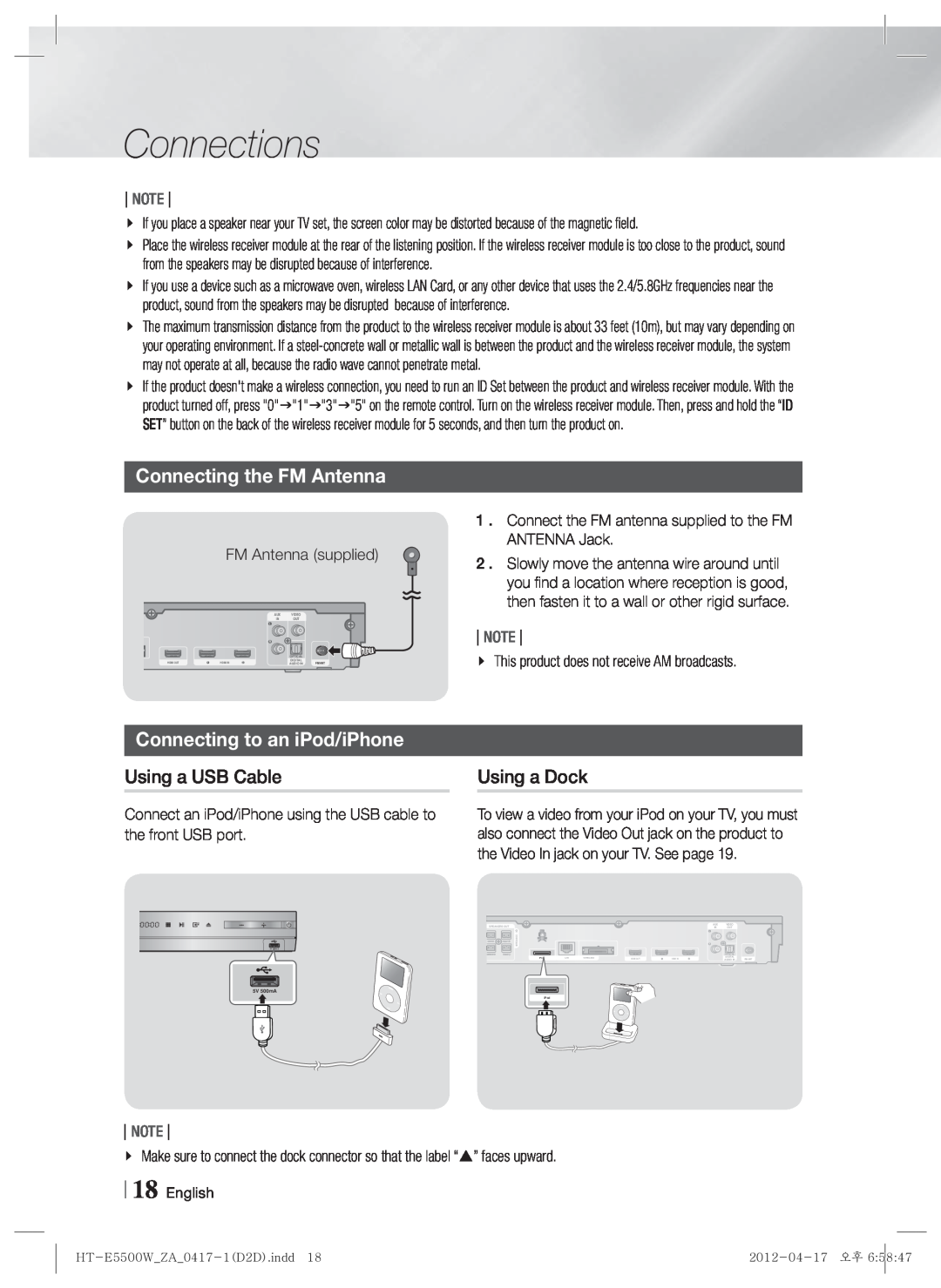 Samsung HT-E550 user manual Connecting the FM Antenna, Connecting to an iPod/iPhone, Connections, Note 