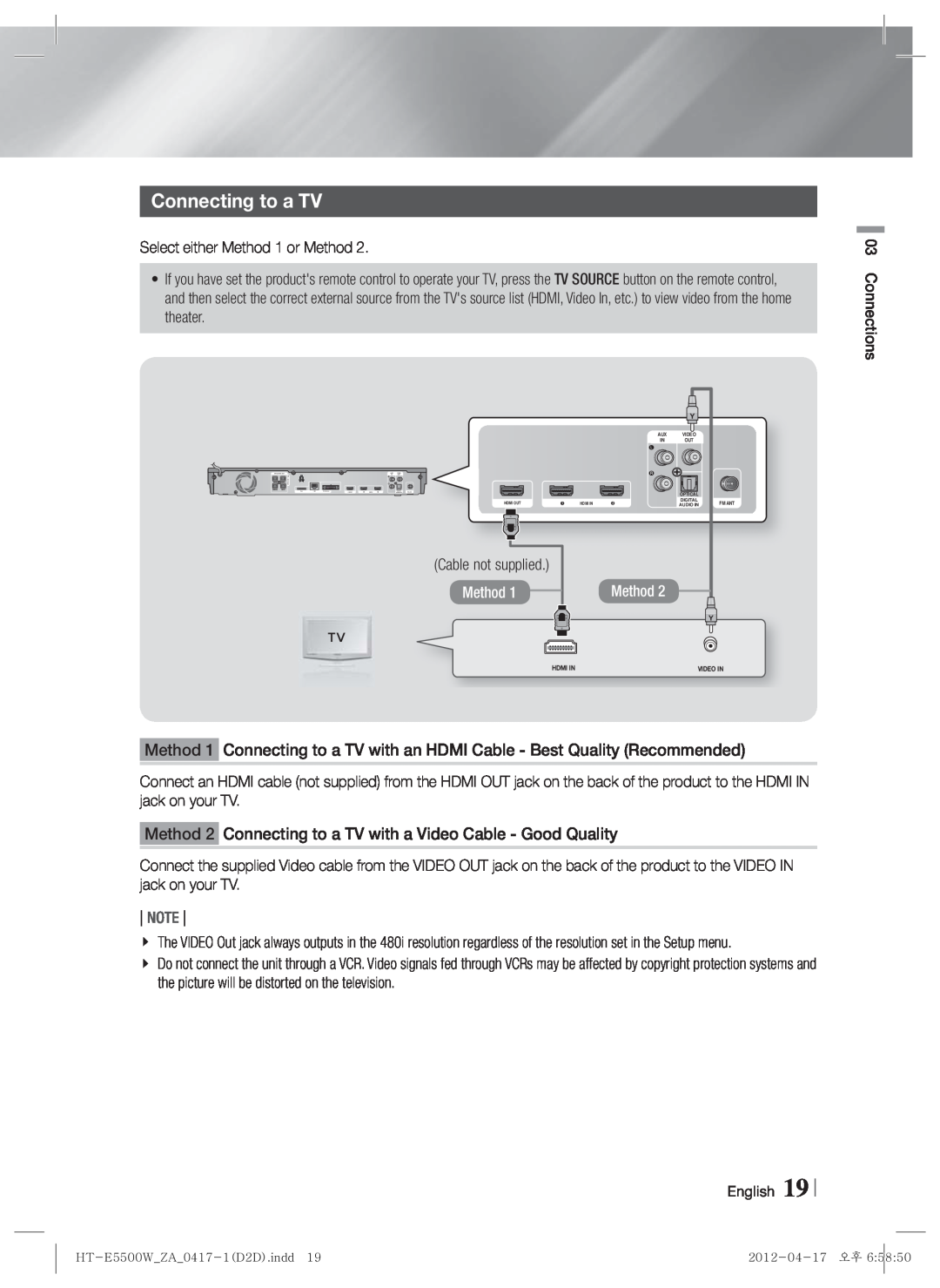 Samsung HT-E550 user manual Connecting to a TV, Method, Note 