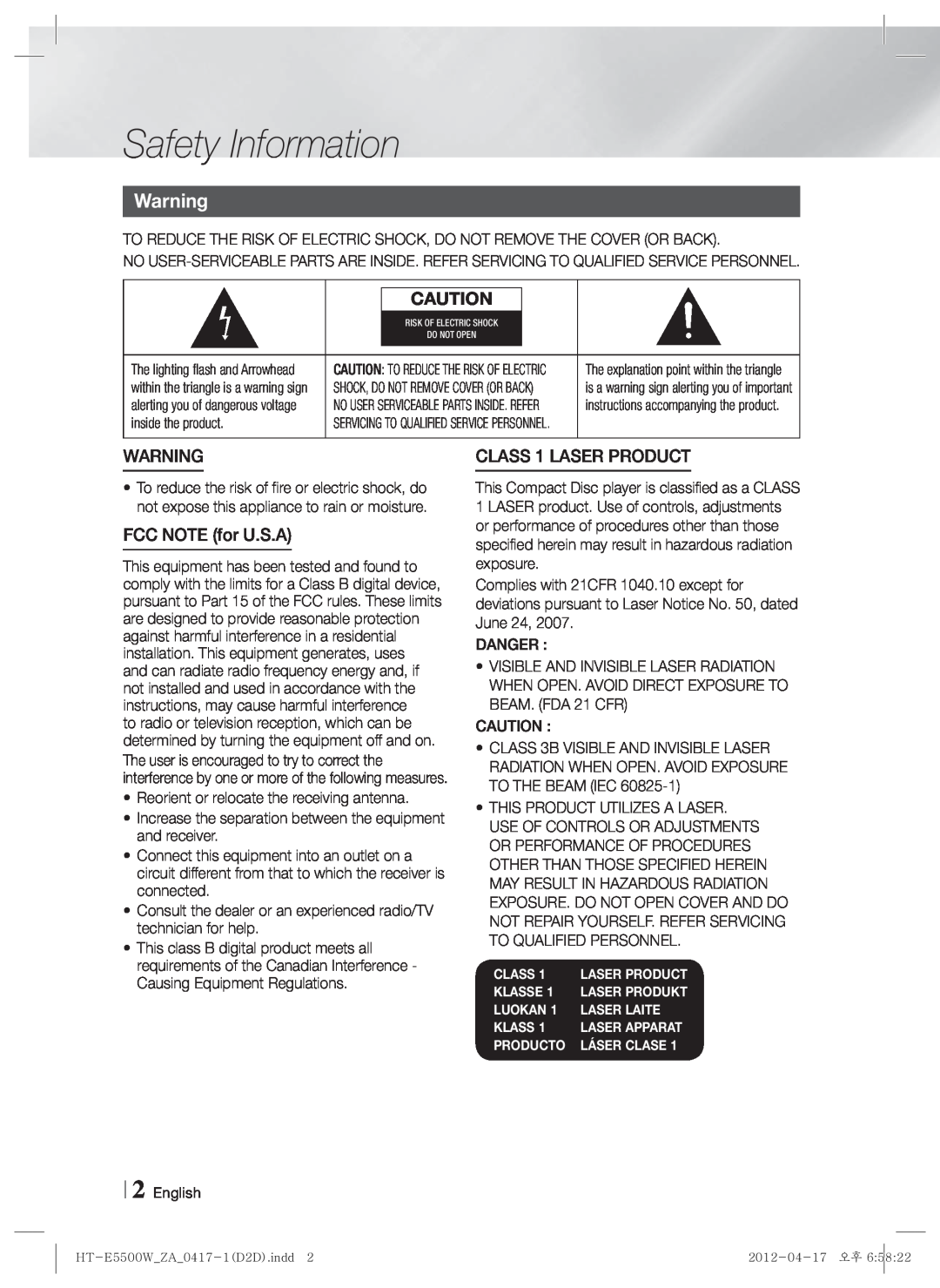 Samsung HT-E550 user manual Safety Information, FCC NOTE for U.S.A, CLASS 1 LASER PRODUCT 