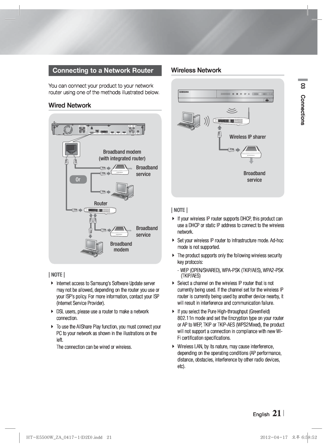 Samsung HT-E550 user manual Connecting to a Network Router, Wireless Network, Note 
