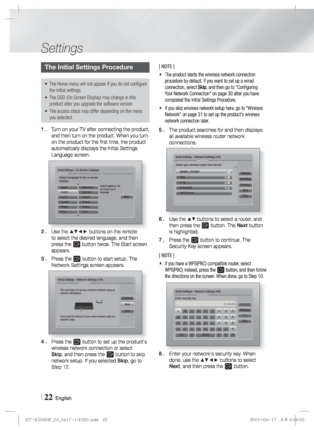 Samsung HT-E550 user manual The Initial Settings Procedure, Note 