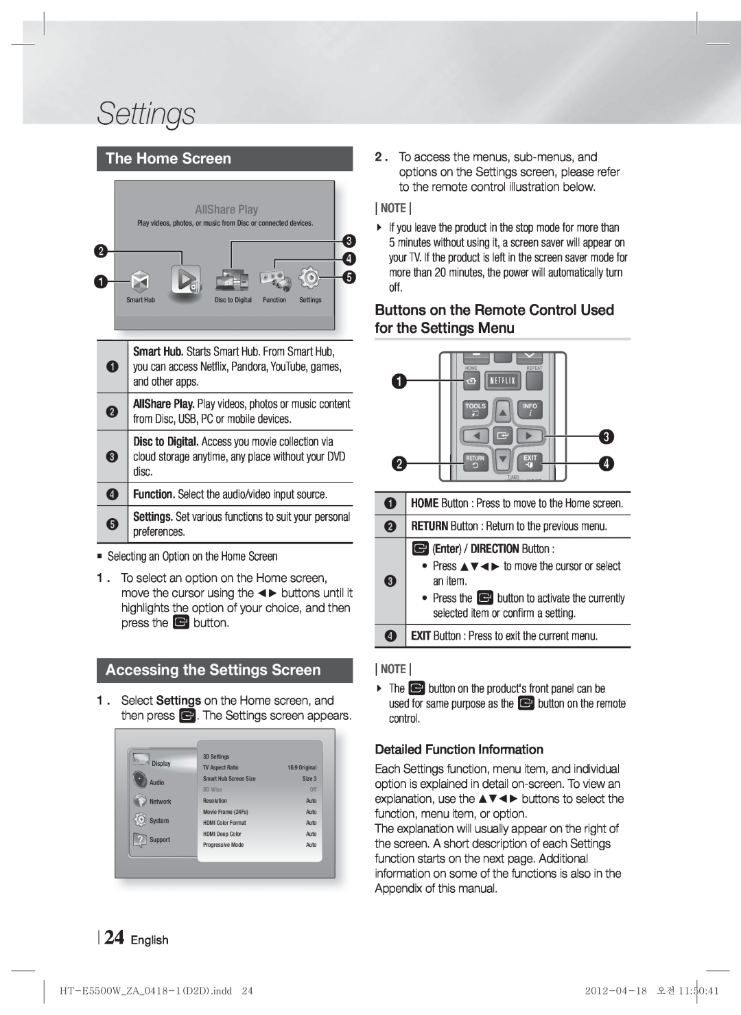 Samsung HT-E550 user manual The Home Screen, Accessing the Settings Screen, AllShare Play, Note 