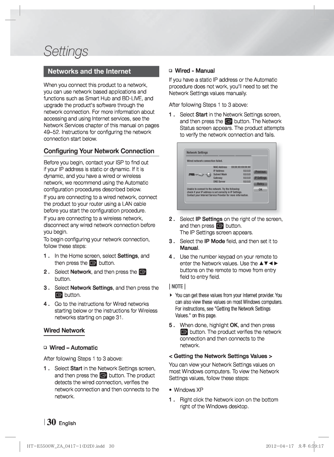 Samsung HT-E550 user manual Networks and the Internet, Settings, Configuring Your Network Connection, Wired Network, Note 