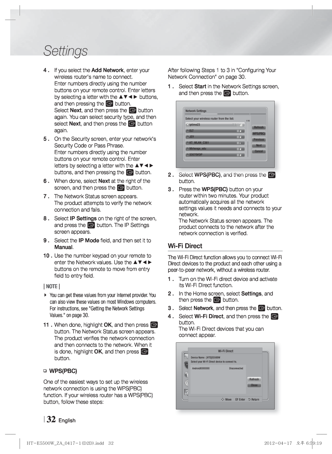 Samsung HT-E550 user manual Settings, Wi-FiDirect, Note 