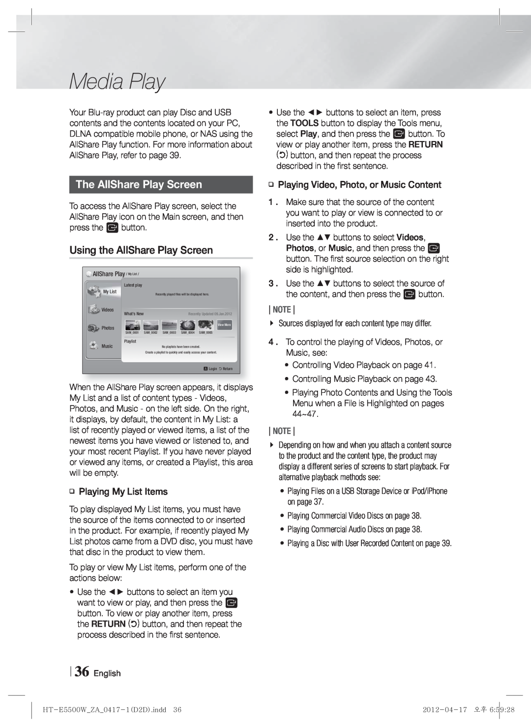 Samsung HT-E550 user manual Media Play, The AllShare Play Screen, Note 