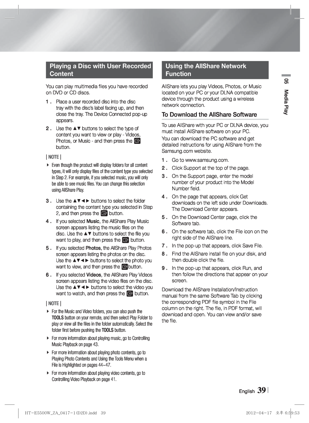 Samsung HT-E550 user manual Playing a Disc with User Recorded Content, Using the AllShare Network Function, Note 