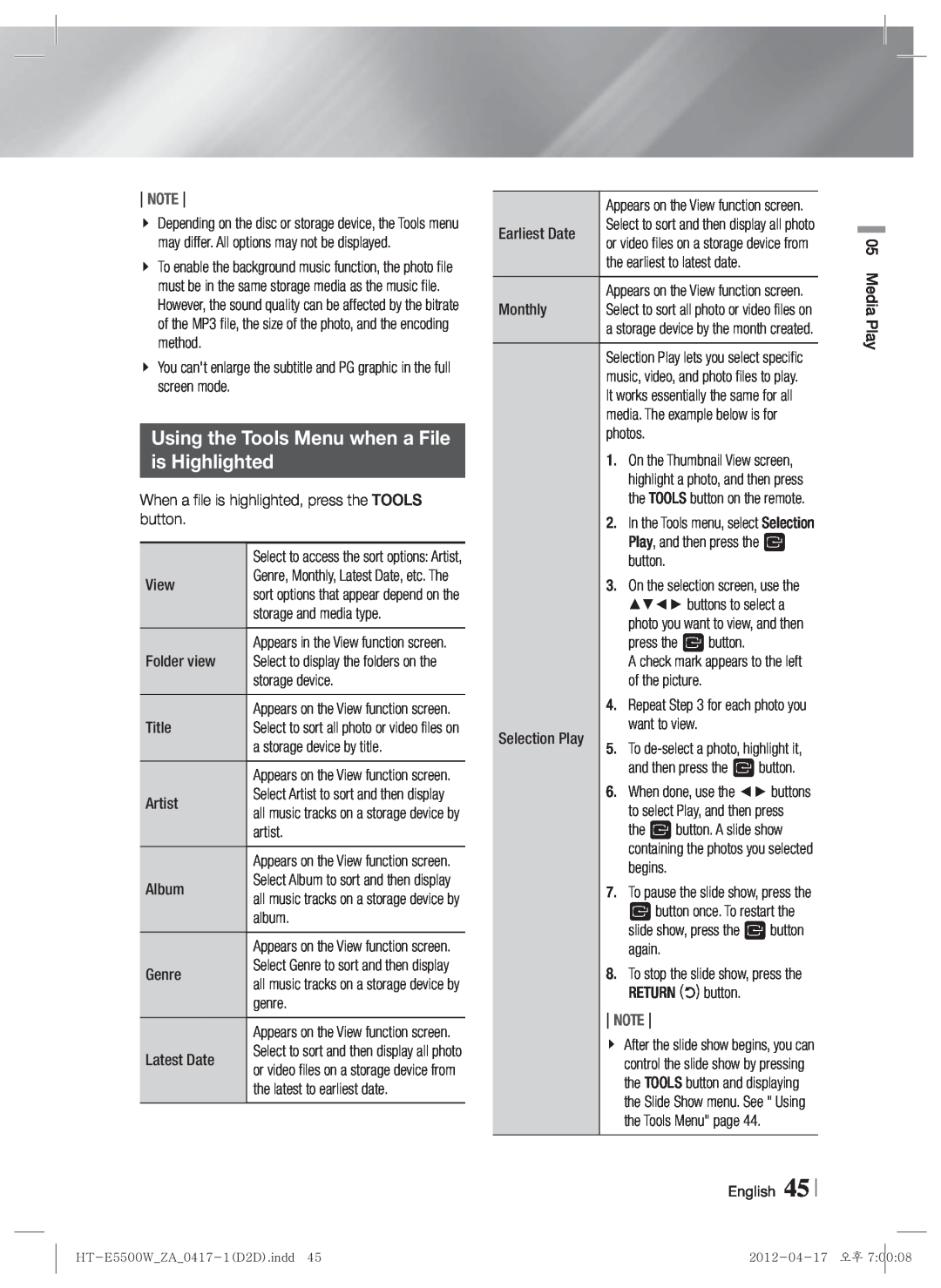 Samsung HT-E550 user manual Using the Tools Menu when a File is Highlighted, Note 