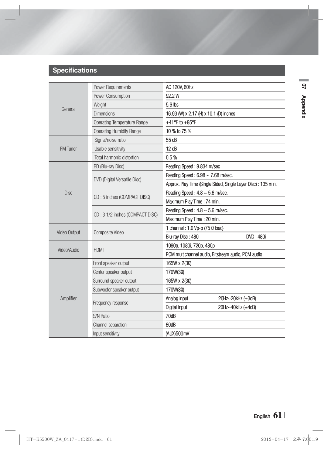 Samsung HT-E550 user manual Specifications 