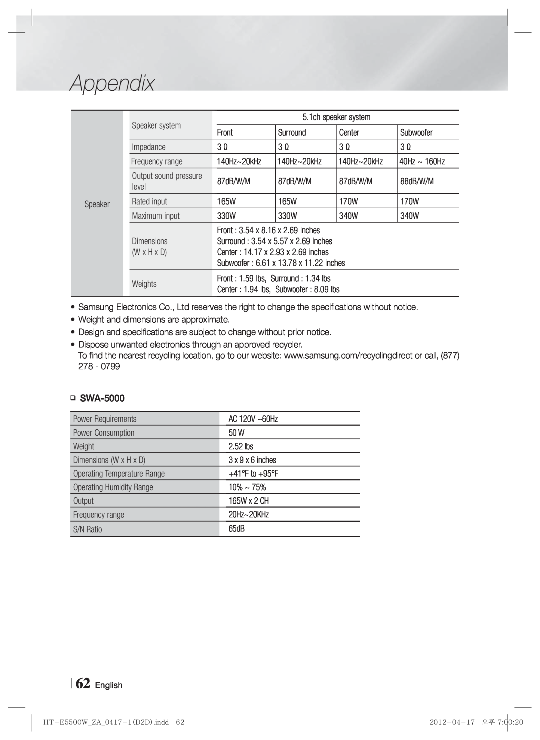 Samsung HT-E550 user manual Appendix, Speaker system 
