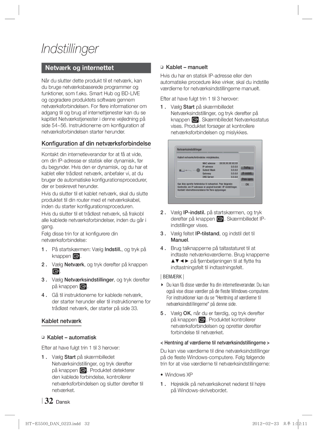 Samsung HT-E5550/XE, HT-E5500/XE manual Netværk og internettet, Konfiguration af din netværksforbindelse, Kablet netværk 