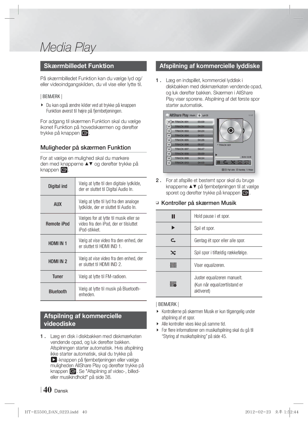 Samsung HT-E5500/XE manual Skærmbilledet Funktion, Muligheder på skærmen Funktion, Afspilning af kommercielle lyddiske 