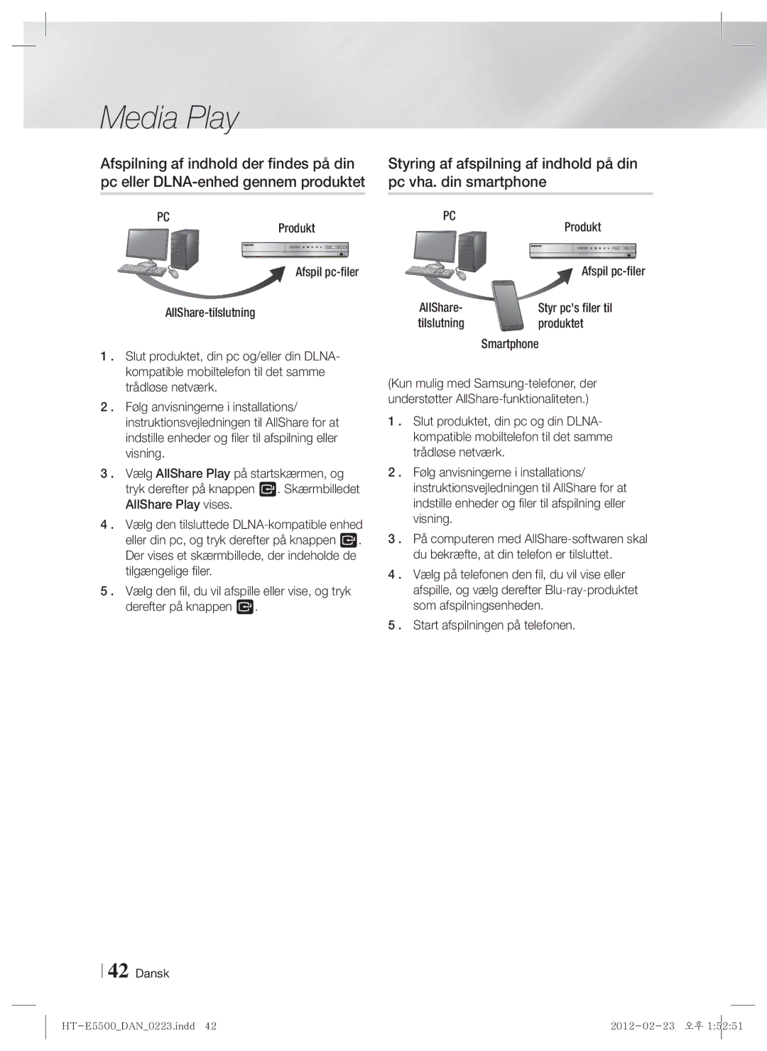 Samsung HT-E5530/XE, HT-E5500/XE manual Produkt Afspil pc-filer, Produktet, Smartphone, Start afspilningen på telefonen 