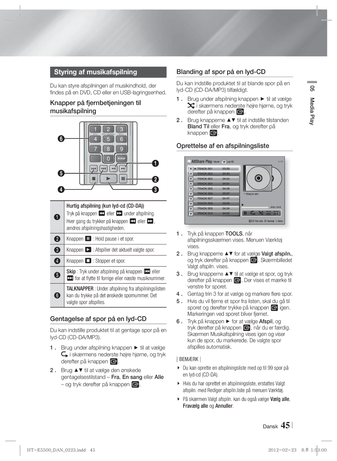 Samsung HT-E5530/XE, HT-E5500/XE, HT-E5550/XE Styring af musikafspilning, Knapper på fjernbetjeningen til musikafspilning 