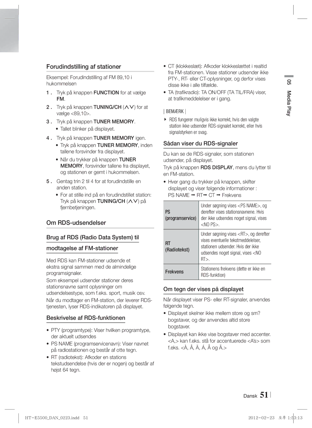 Samsung HT-E5530/XE, HT-E5500/XE manual Forudindstilling af stationer, Om RDS-udsendelser, Beskrivelse af RDS-funktionen 