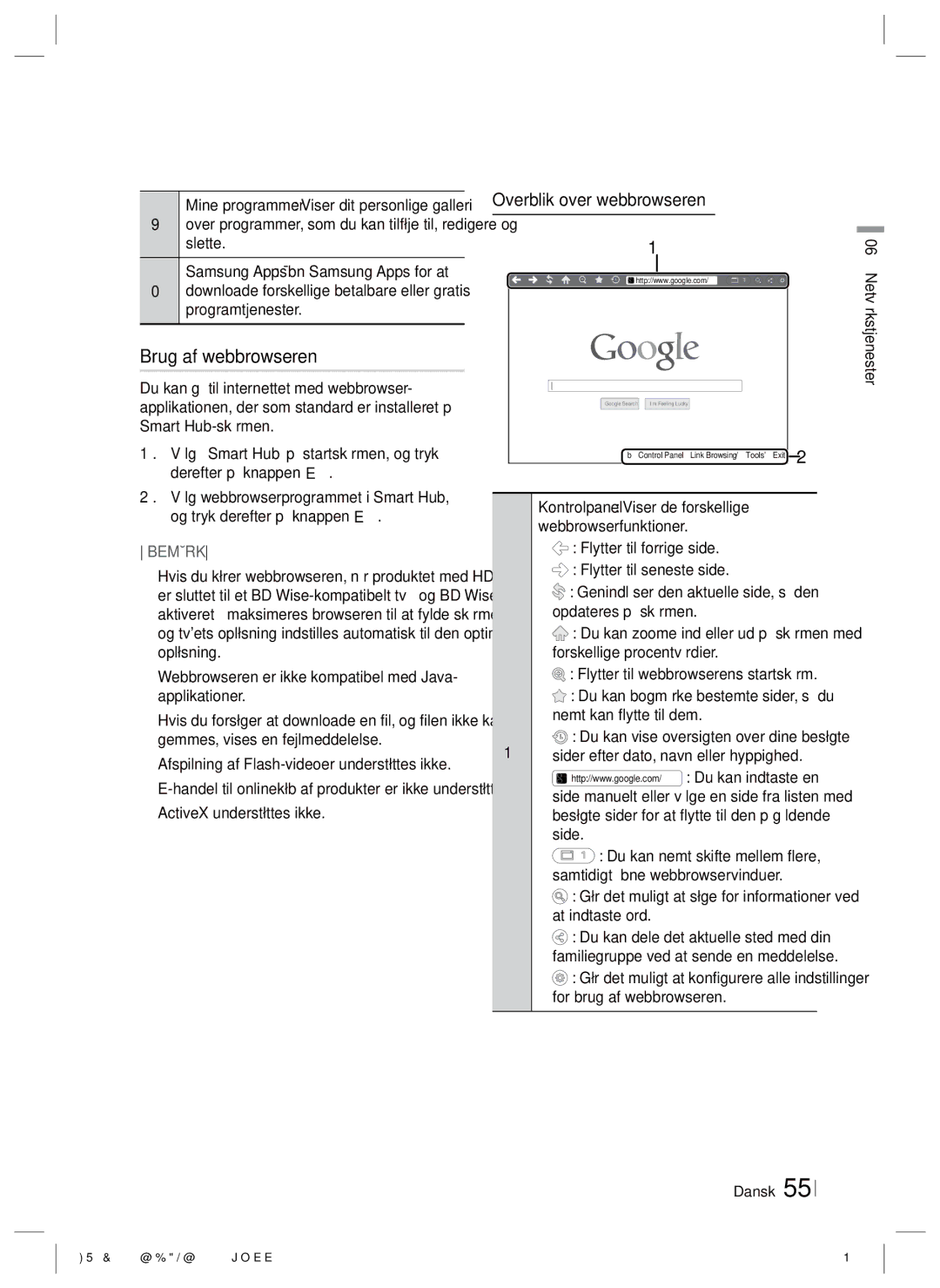 Samsung HT-E5500/XE, HT-E5550/XE, HT-E5530/XE manual Brug af webbrowseren, Overblik over webbrowseren 