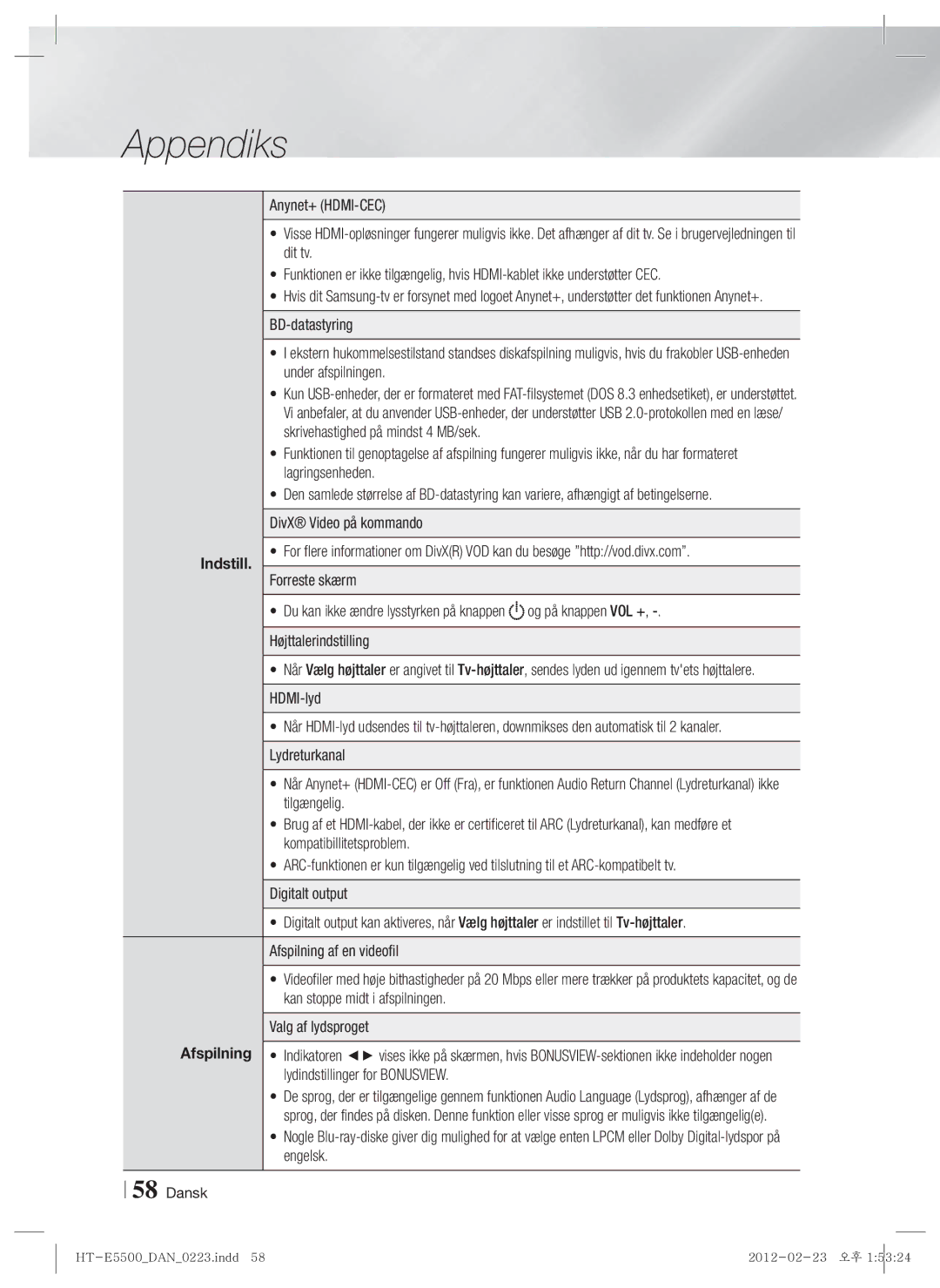 Samsung HT-E5500/XE, HT-E5550/XE, HT-E5530/XE manual Indstill 