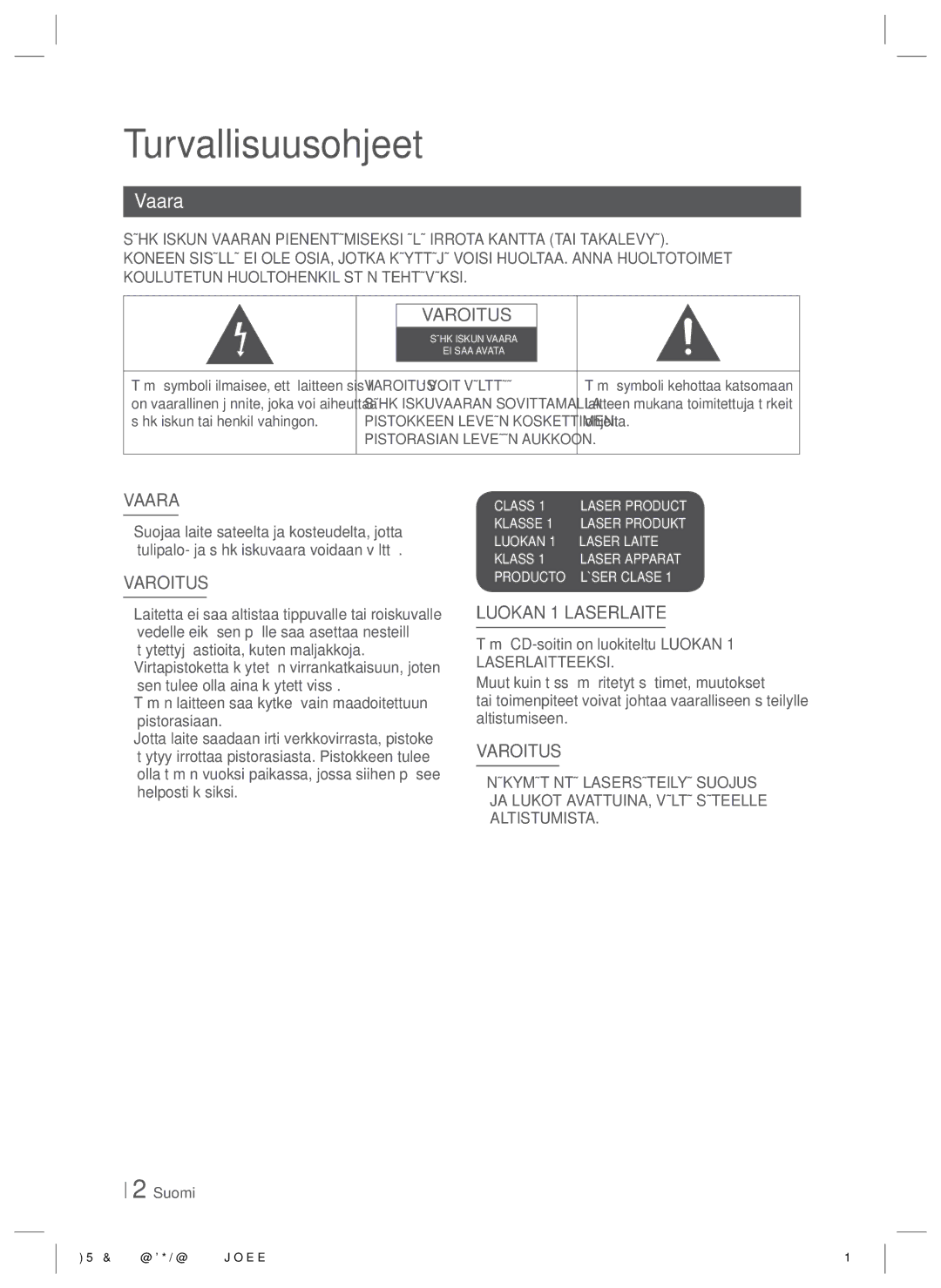 Samsung HT-E5500/XE, HT-E5550/XE, HT-E5530/XE manual Turvallisuusohjeet, Vaara 