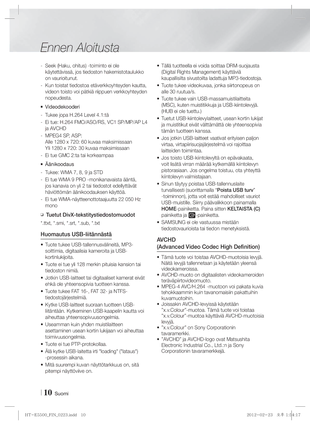 Samsung HT-E5530/XE, HT-E5500/XE, HT-E5550/XE manual Huomautus USB-liitännästä, MPEG4 SP, ASP 