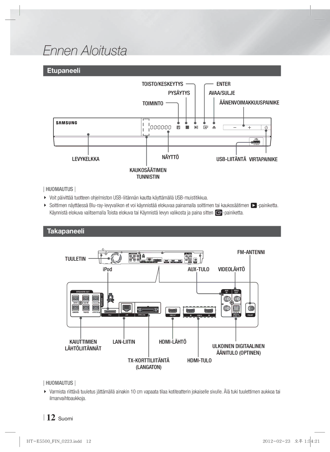 Samsung HT-E5550/XE manual Etupaneeli, Takapaneeli, TOISTO/KESKEYTYSENTER PYSÄYTYSAVAA/SULJE Toiminto, Levykelkka Näyttö 