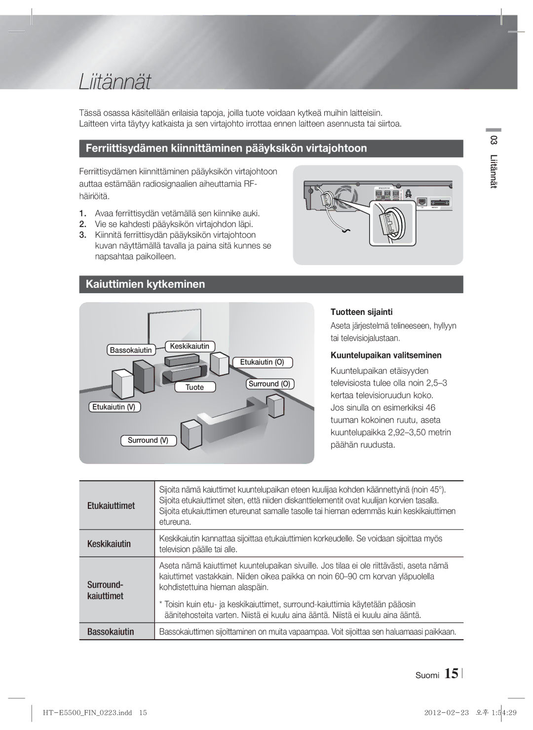 Samsung HT-E5550/XE, HT-E5500/XE, HT-E5530/XE manual Liitännät, Kaiuttimien kytkeminen, Tuotteen sijainti 