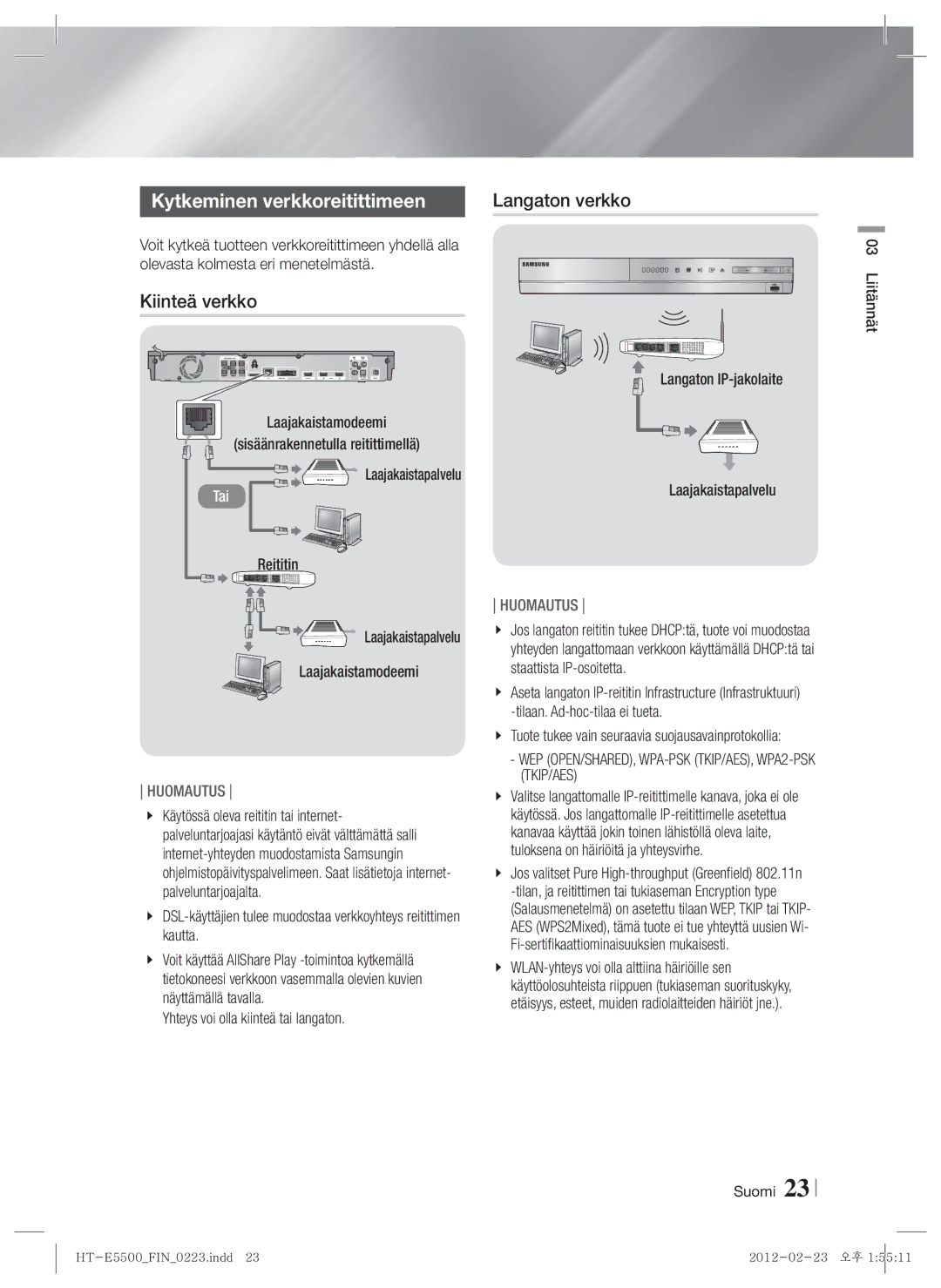 Samsung HT-E5500/XE manual Kytkeminen verkkoreitittimeen, Kiinteä verkko, Reititin, Laajakaistamodeemi, Laajakaistapalvelu 