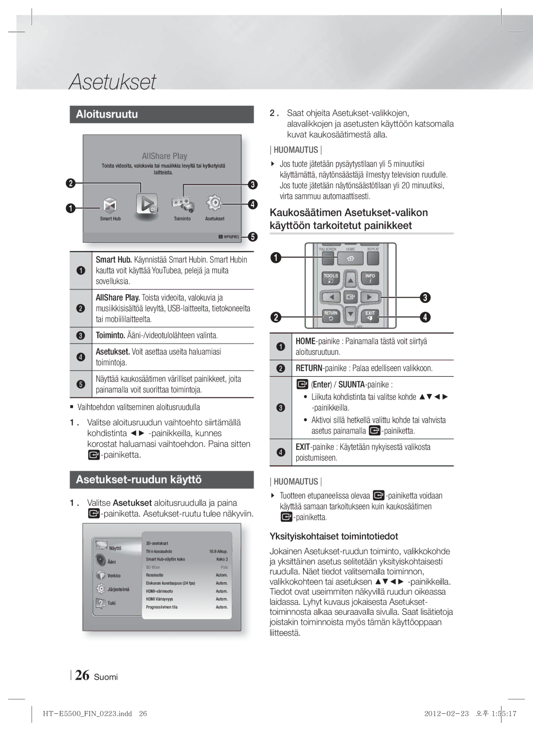 Samsung HT-E5500/XE manual Aloitusruutu, Asetukset-ruudun käyttö, EXIT-painike Käytetään nykyisestä valikosta poistumiseen 