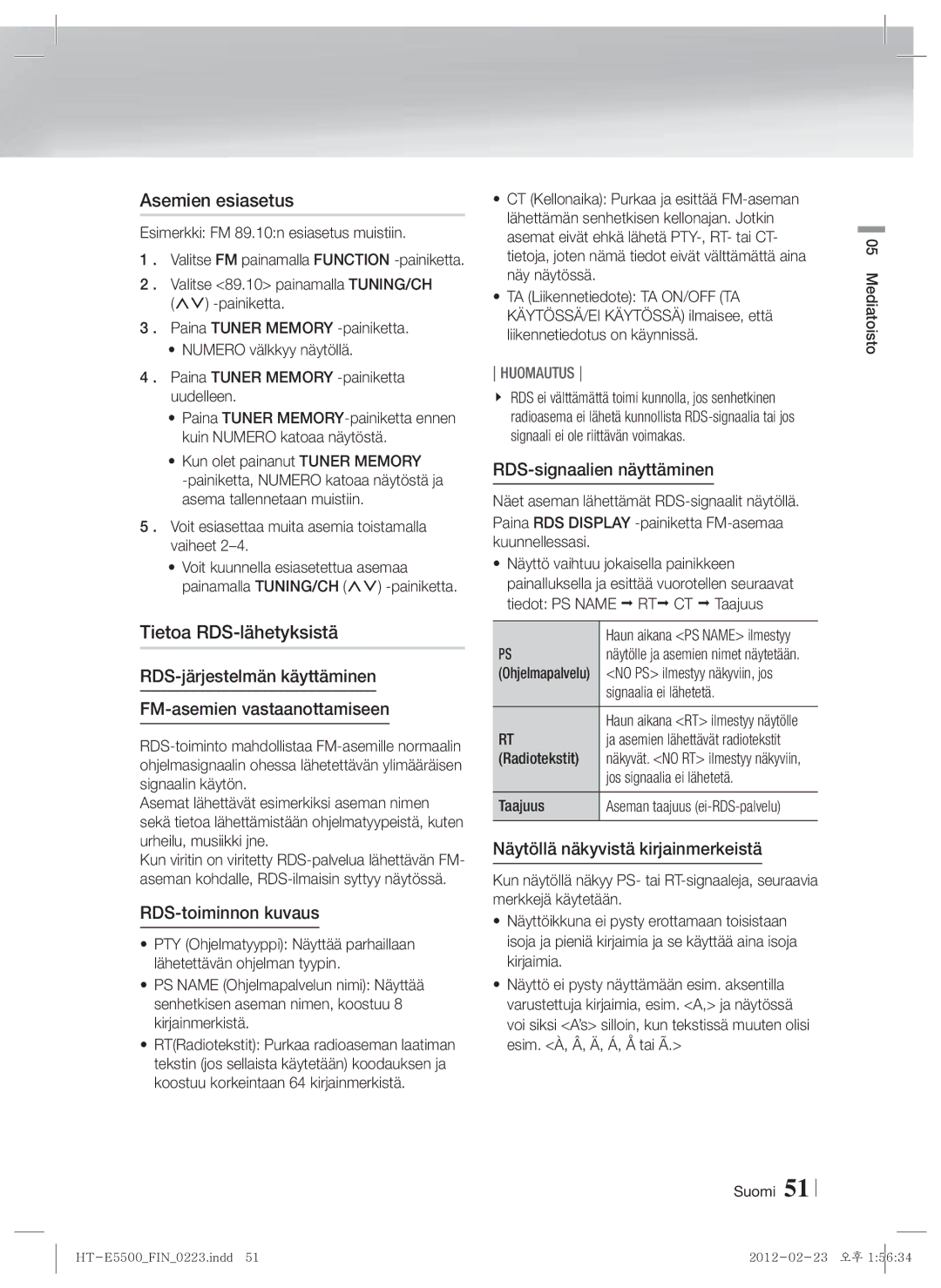 Samsung HT-E5550/XE, HT-E5500/XE, HT-E5530/XE manual Asemien esiasetus, Tietoa RDS-lähetyksistä 