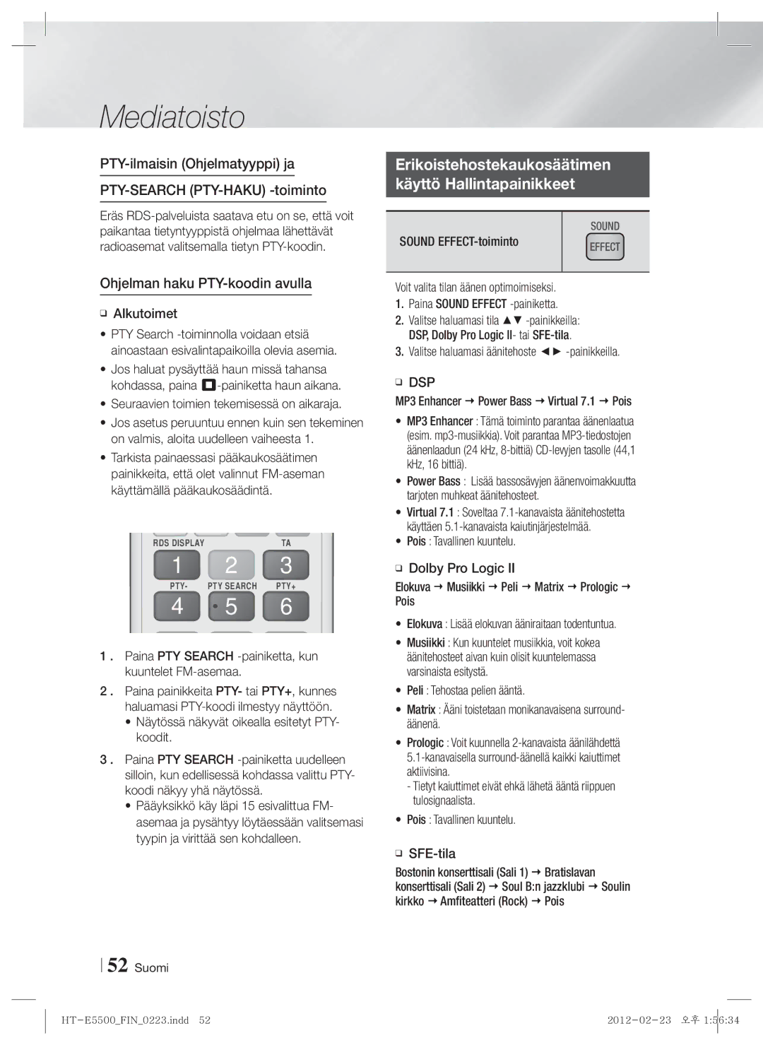 Samsung HT-E5530/XE, HT-E5500/XE Erikoistehostekaukosäätimen Käyttö Hallintapainikkeet, Ohjelman haku PTY-koodin avulla 